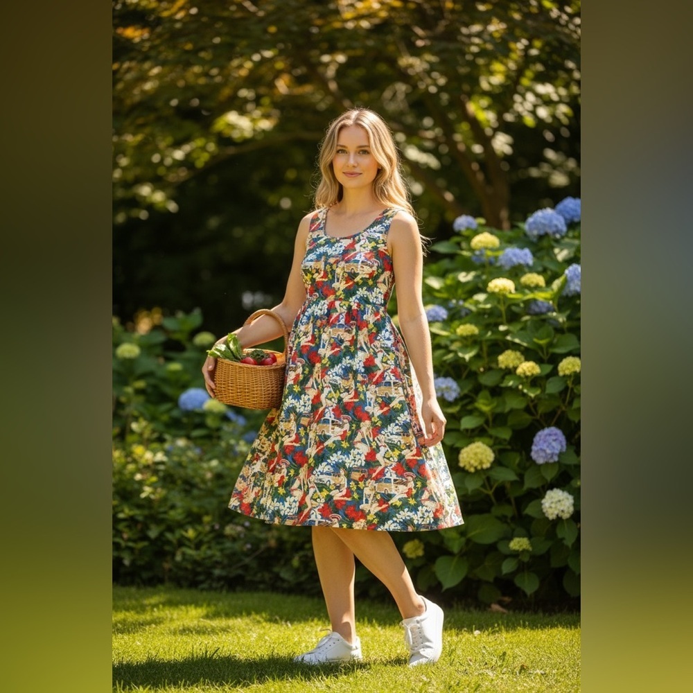 Vibrant Floral Pin Up Girl Print Midi Dress